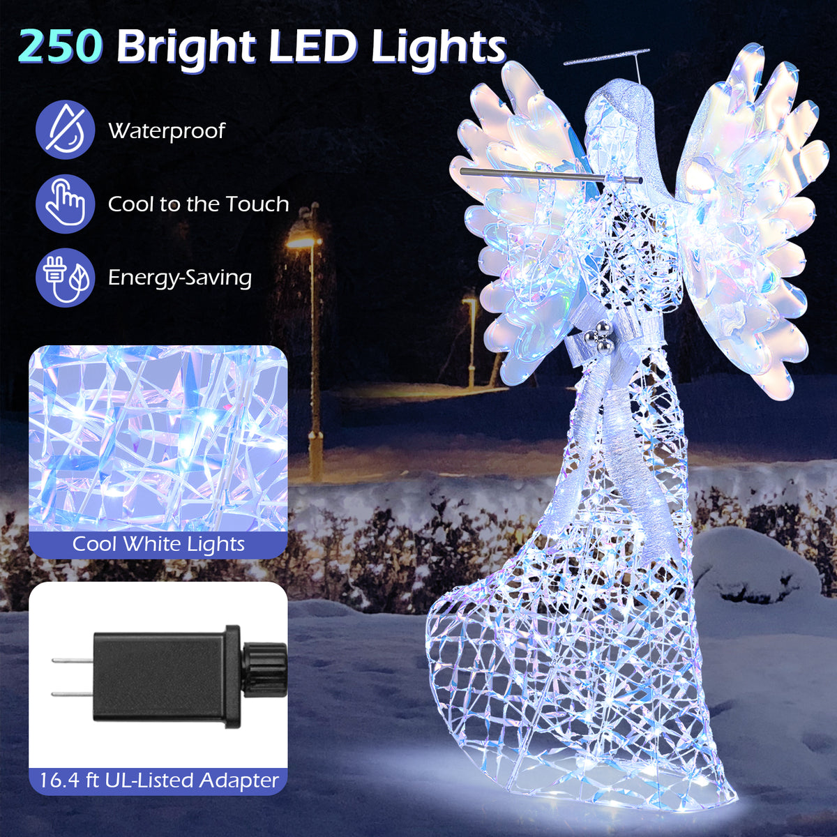 5.2 FT Lighted Angel Christmas Decoration 3D Glittering Halo Angel with Flute
