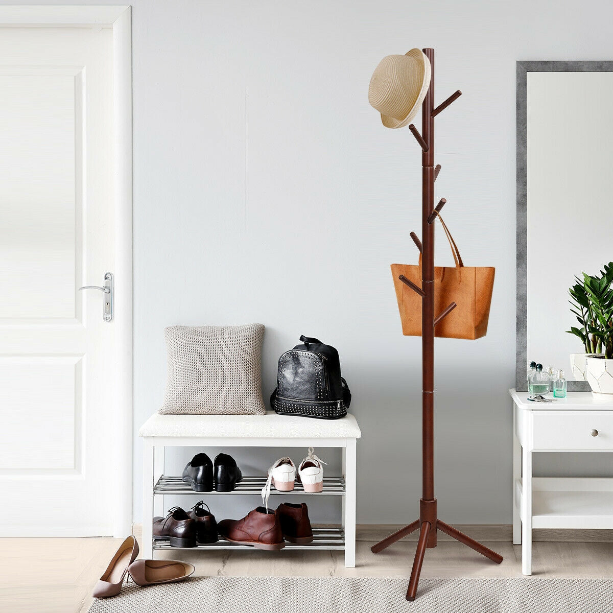 2 Heights Wooden Coat Rack with 8 Hooks