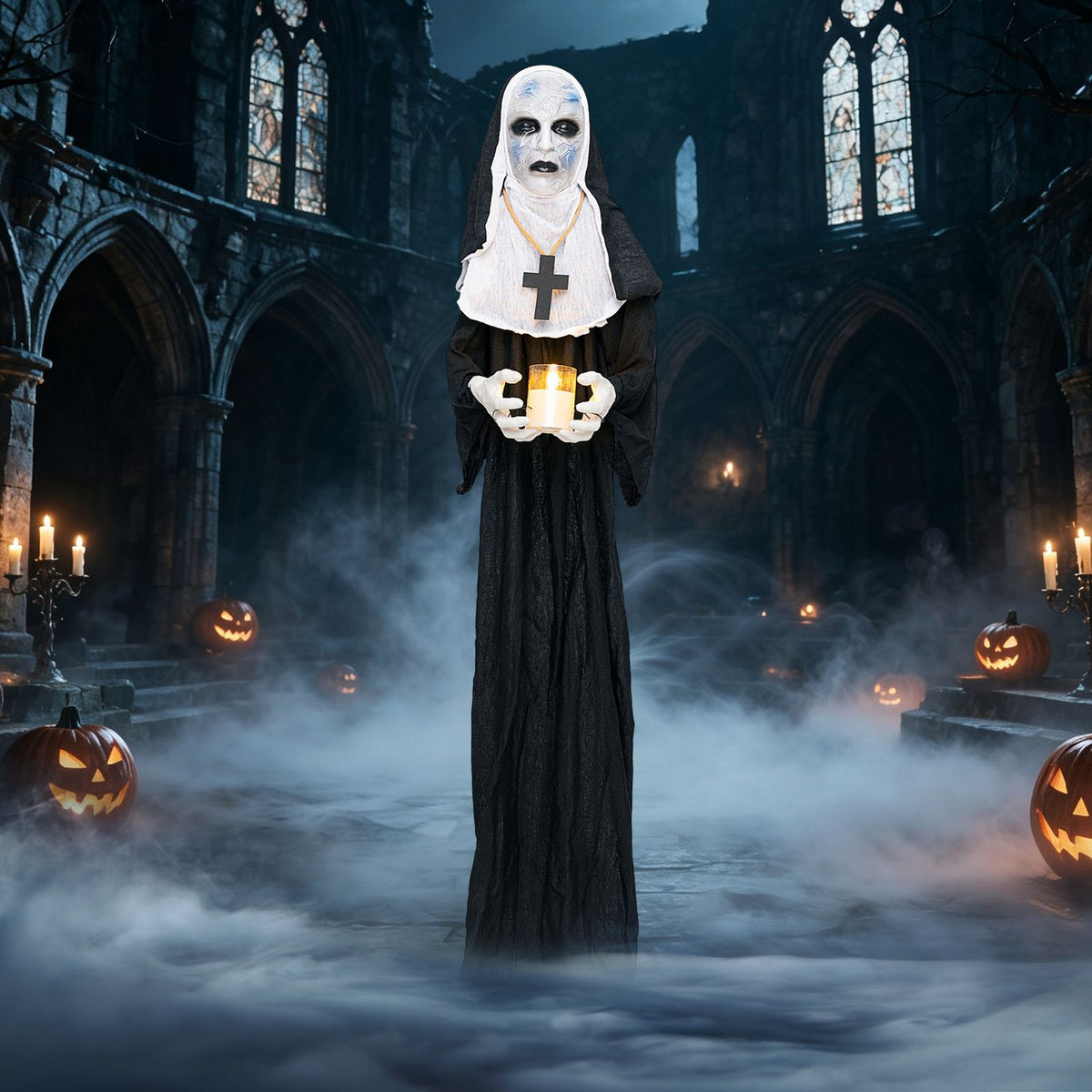 5.3 FT Animated Nun Halloween Decoration with Light up Candle