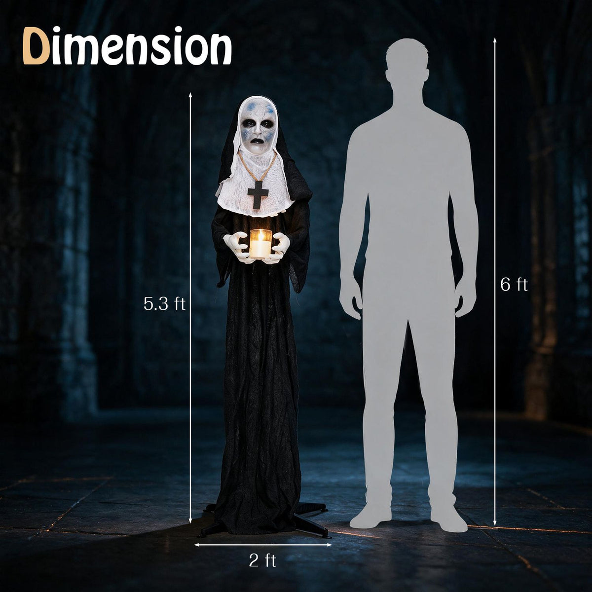 5.3 FT Animated Nun Halloween Decoration with Light up Candle