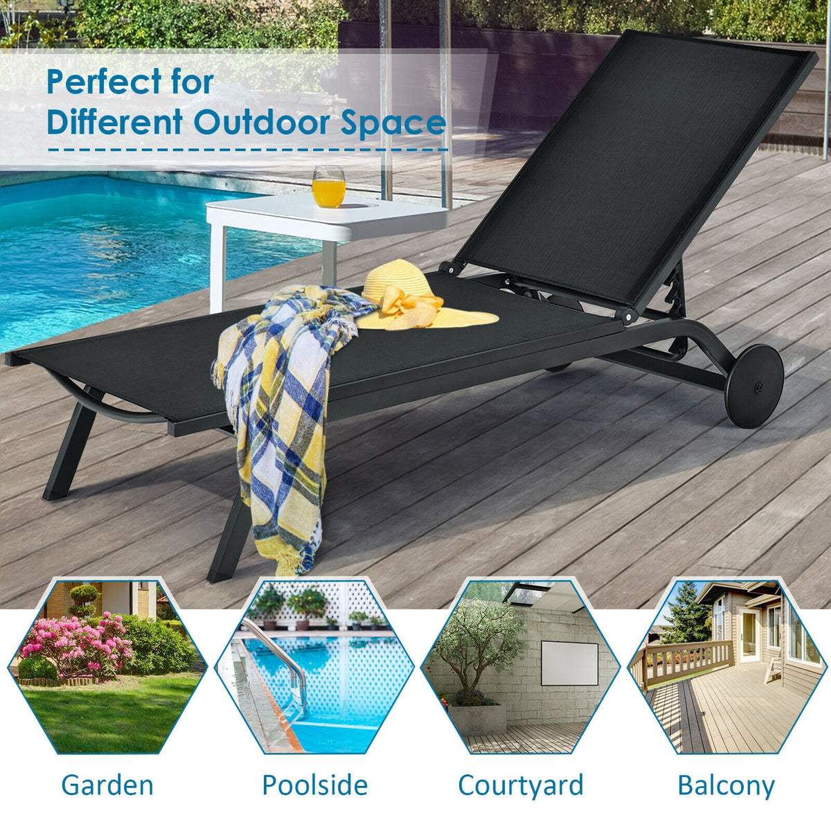 Adjustable Outdoor Chaise Lounge Chair with Wheels