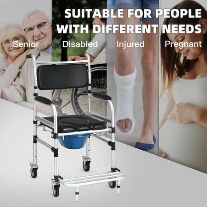 2-in-1 Aluminum Commode Shower Wheelchair with Locking Casters