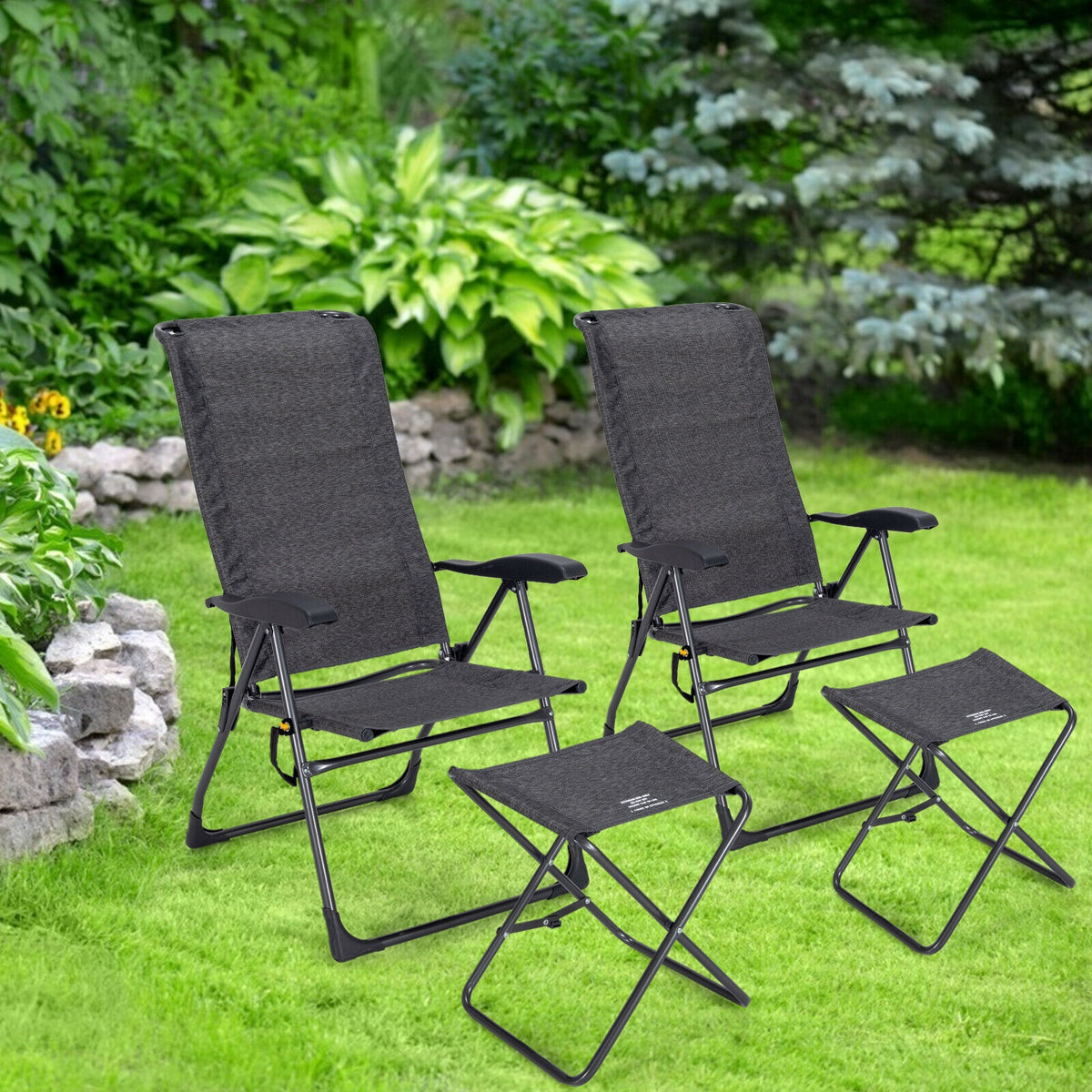 Adjustable Folding Patio Dining Chair with Ottoman Set (2-Pack)