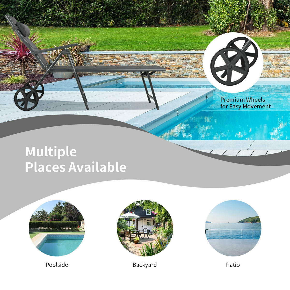 Reclining Patio Chaise Lounge with Adjustable Backrest & Wheels