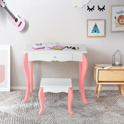 Kids Vanity Table Set with Mirror, Drawer & Stool - Pink