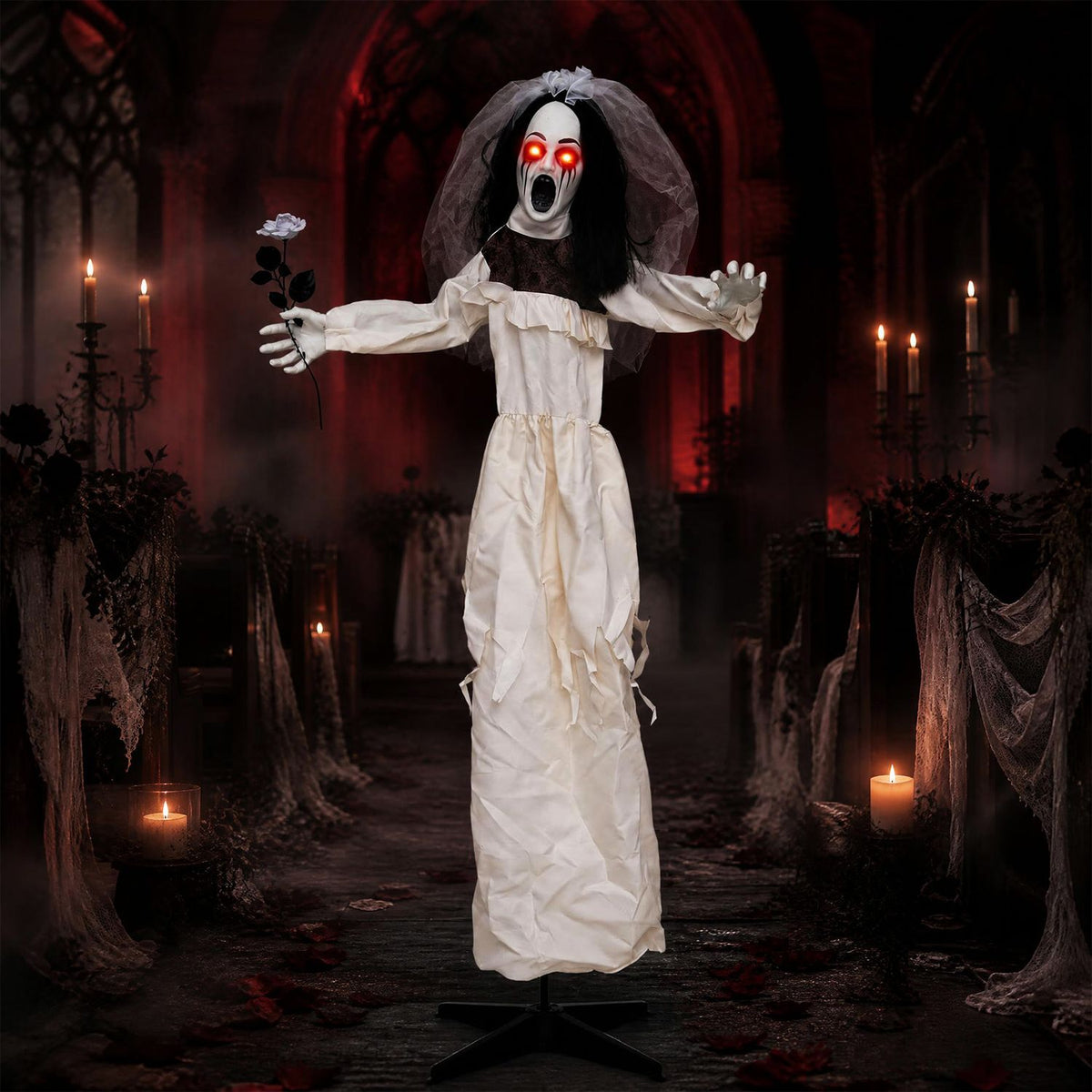 5.7 FT Halloween Standing Animatronic Bride with Flower in Hand