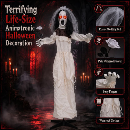 5.7 FT Halloween Standing Animatronic Bride with Flower in Hand