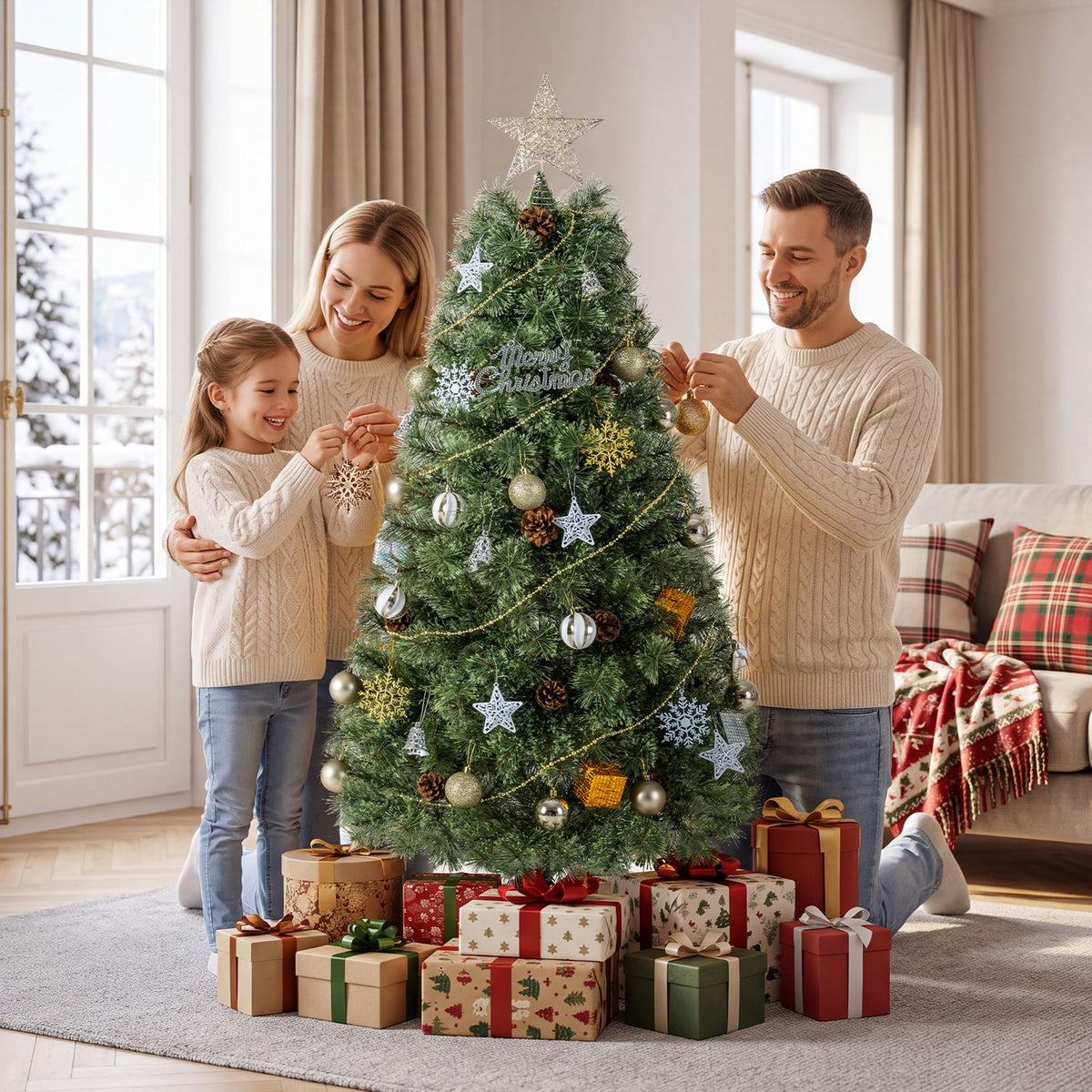 6 Artificial Christmas Tree Hinged Fully-Decorated with 238/360/524 Blossom Pine Needles