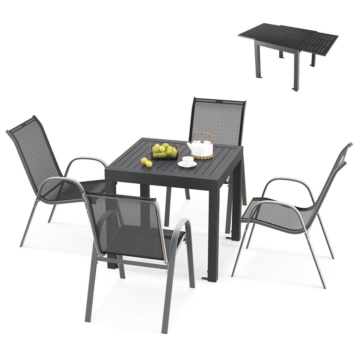 Extendable Patio Dining Set with 4 Stackable Chairs