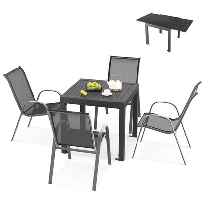 Extendable Patio Dining Set with 4 Stackable Chairs