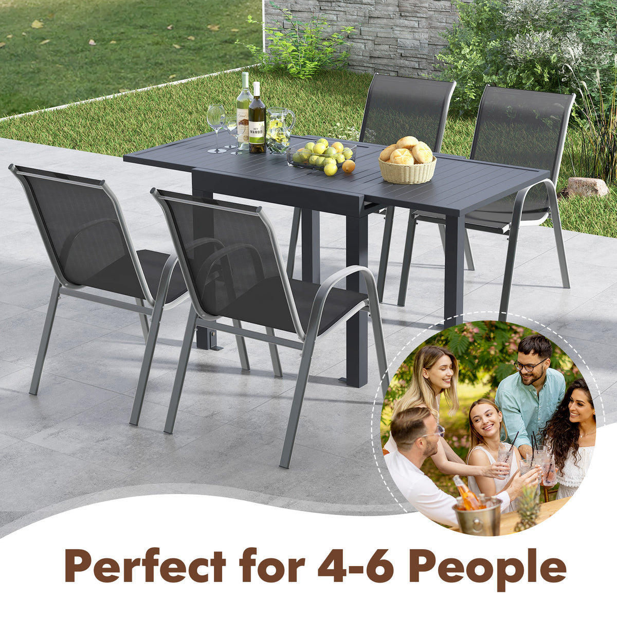 Extendable Patio Dining Set with 4 Stackable Chairs