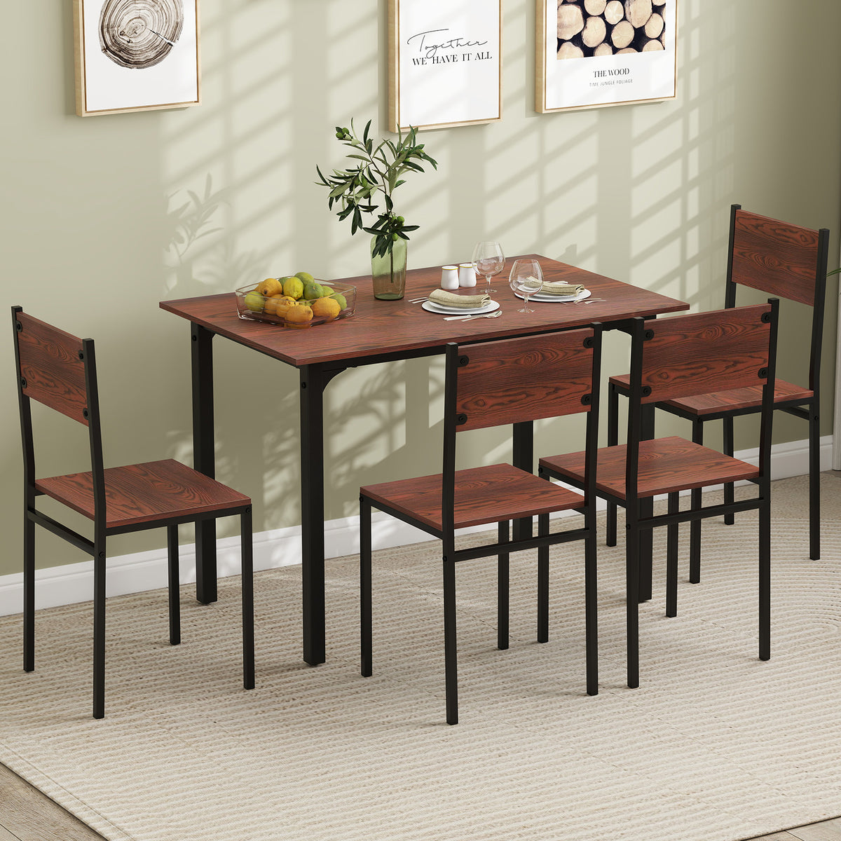 5-Piece Dining Table Set with 4 Chairs - Industrial Style