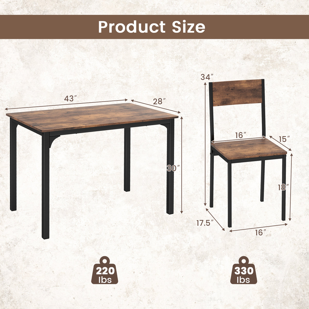 5-Piece Dining Table Set with 4 Chairs - Industrial Style