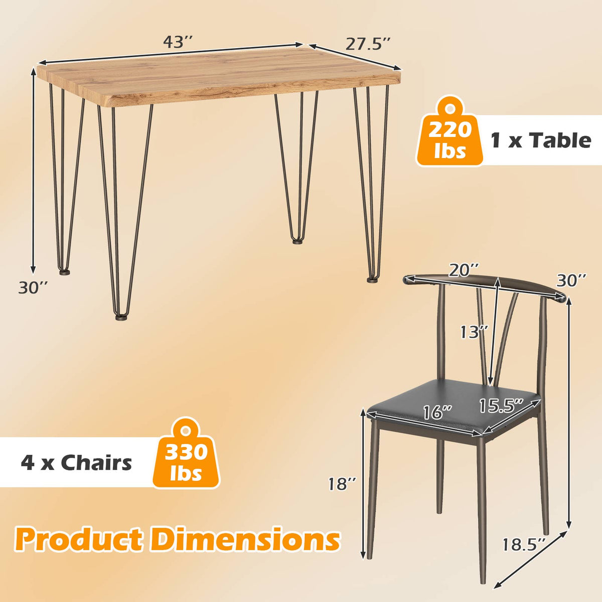 5-Piece Dining Table Set with 4 Chairs Space-Saving Industrial
