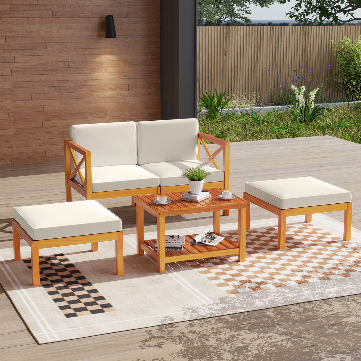 5-Piece Acacia Wood Patio Lounge Set with Ottomans