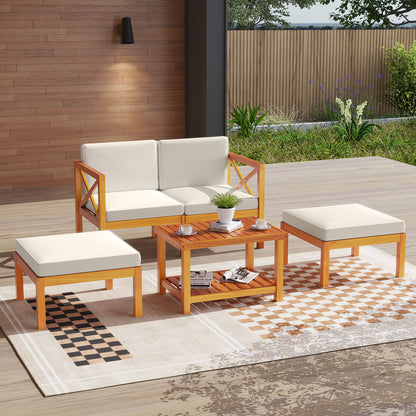 5-Piece Acacia Wood Patio Lounge Set with Ottomans