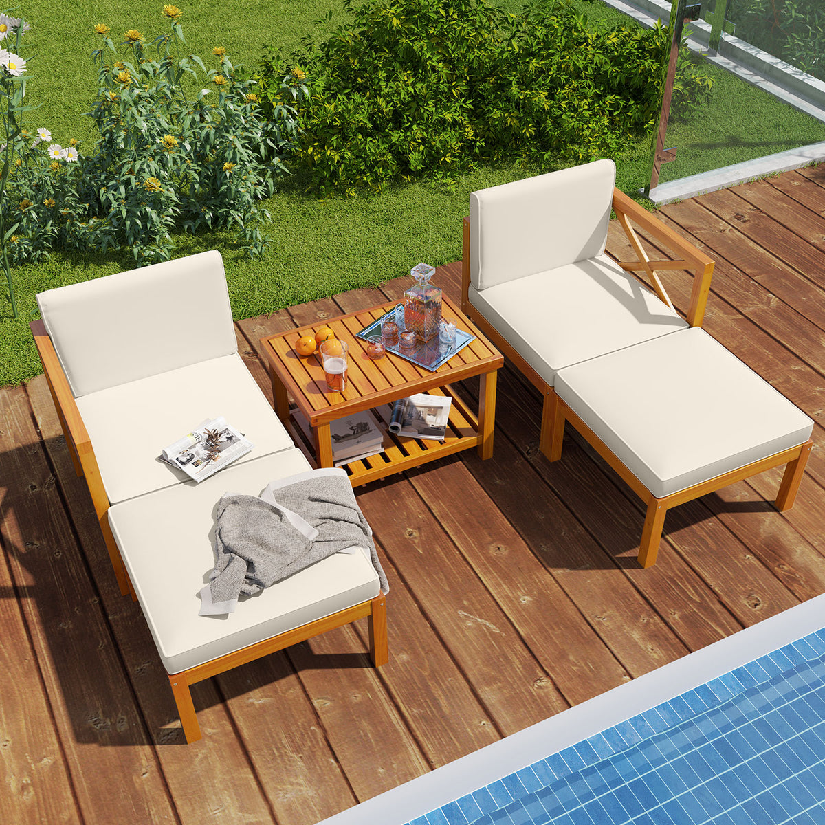 5-Piece Acacia Wood Patio Lounge Set with Ottomans