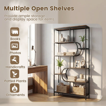 5-Tier Bookshelf Tall Etagere Bookcase with Open Storage Shelves and U Shape