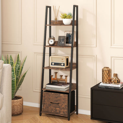 5-Tier Ladder Bookshelf with Fabric Drawer