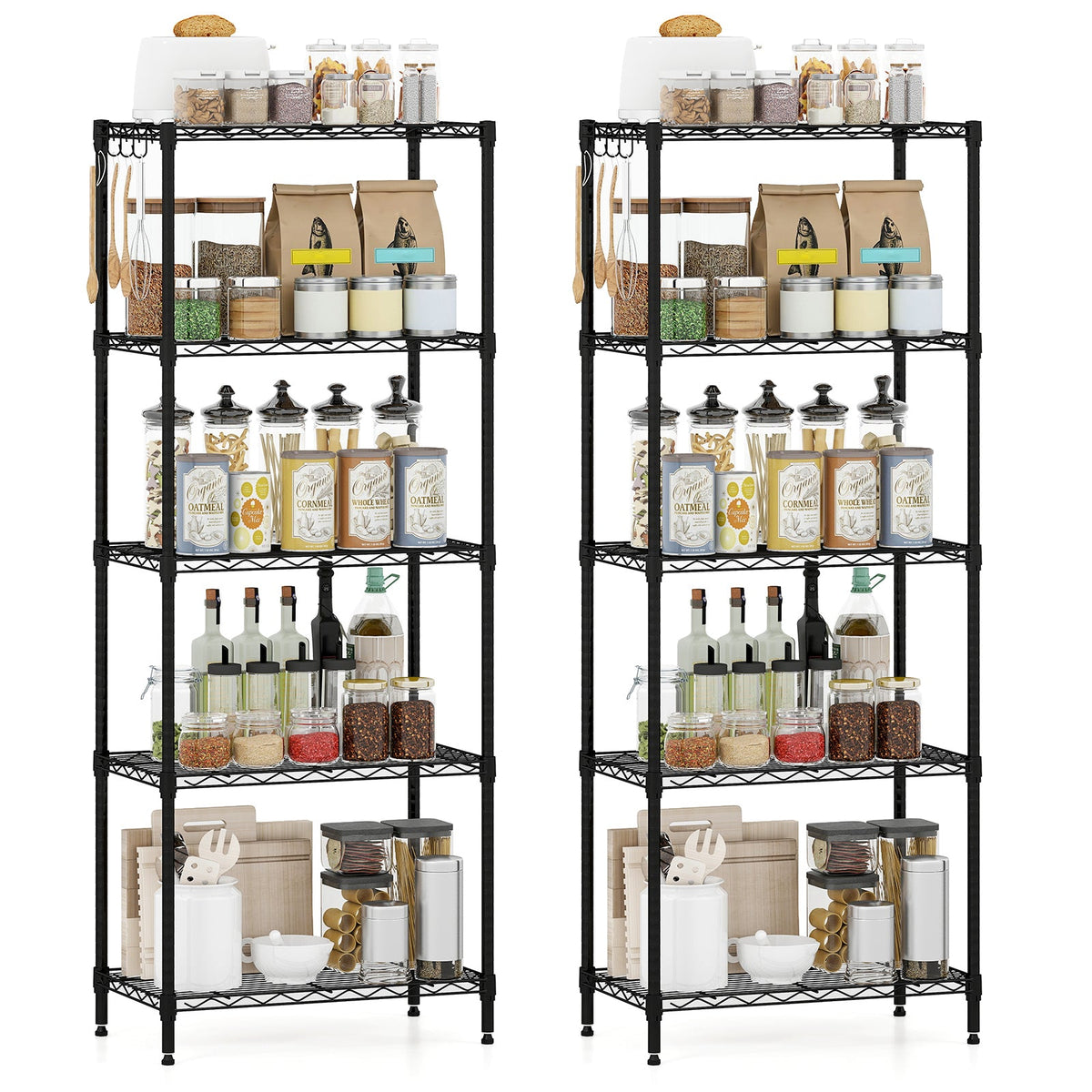 5-Tier Metal Storage Shelving Unit Set of 2 with V-Shaped Wire Rack-Black