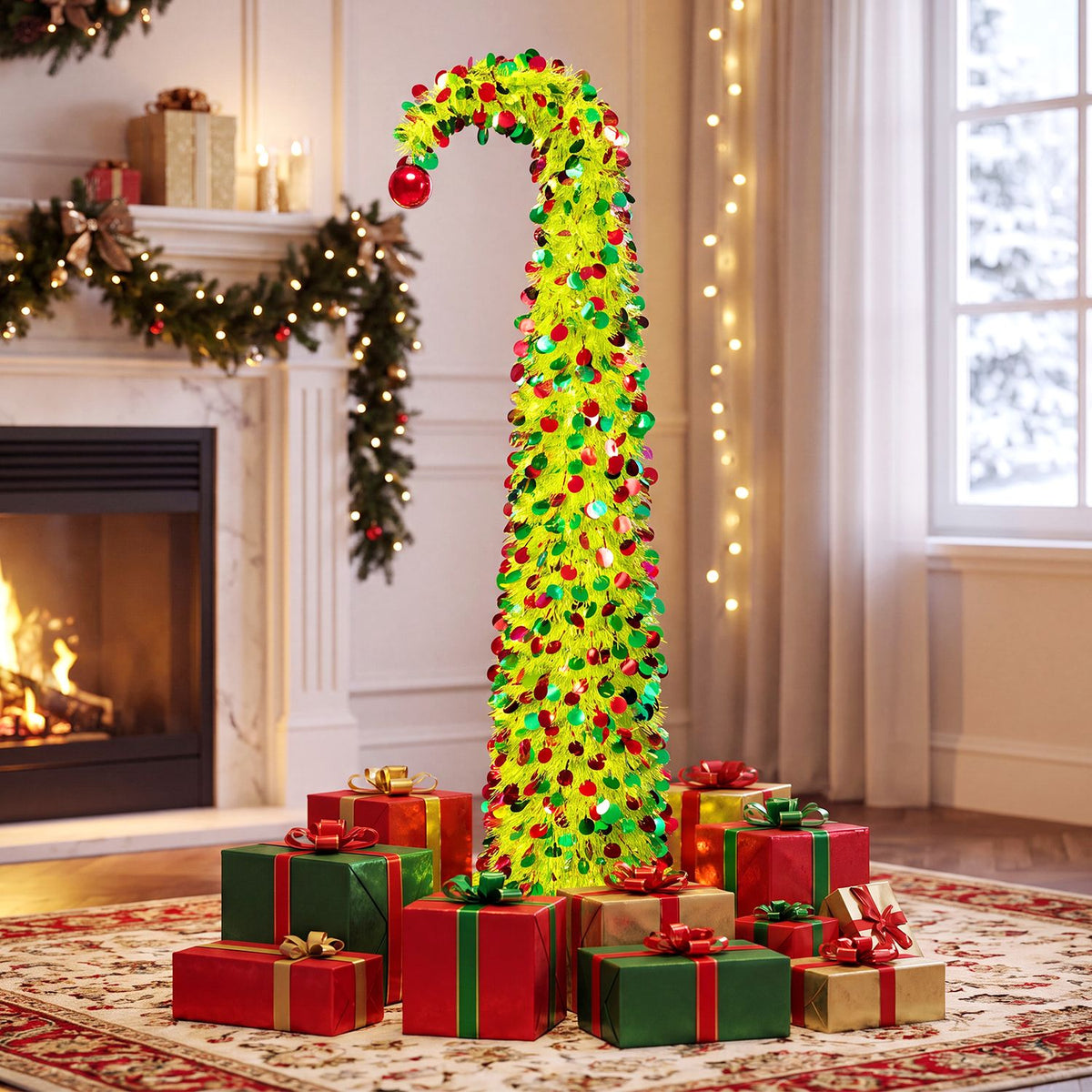 5 ft Pop Up Whimsical Christmas Tree with Arched Treetop and Xmas Ball for Small Space Set of 2