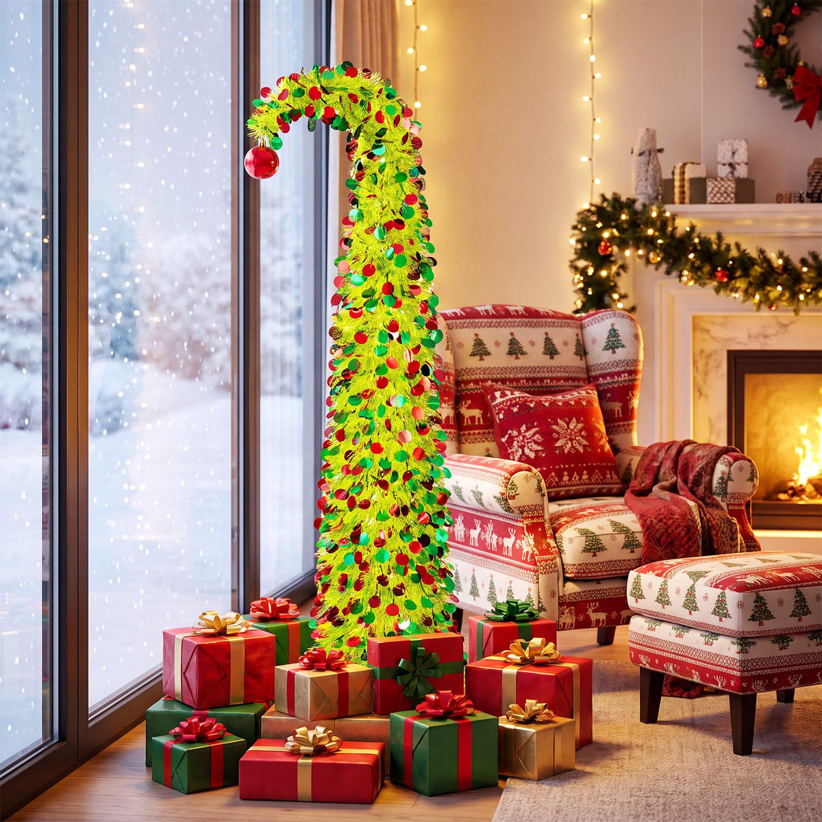 5 ft Pop Up Whimsical Christmas Tree with Arched Treetop and Xmas Ball for Small Space Set of 2