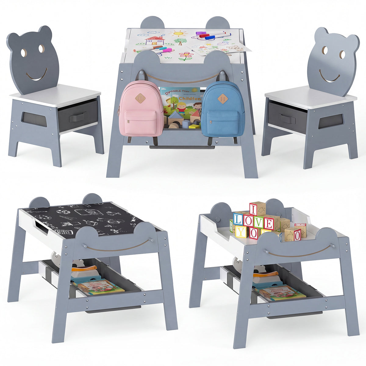 Toddler Table and 2 Chairs Set with Reversible Chalkboard