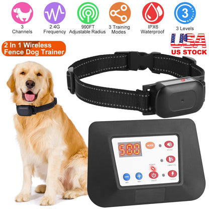 Wireless Dog Fence & Training Collar System 990FT Range