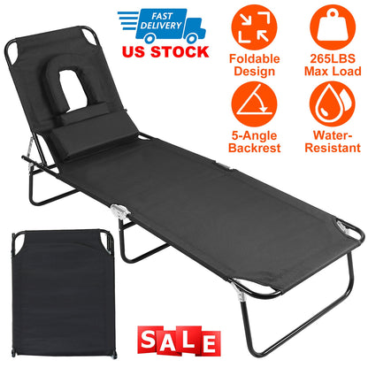 Folding Beach Lounge Chair Face Down Tanning Chaise Sunbathing Recliner 265LBS Max Load with 5-Angle Backrest 3 Removabl