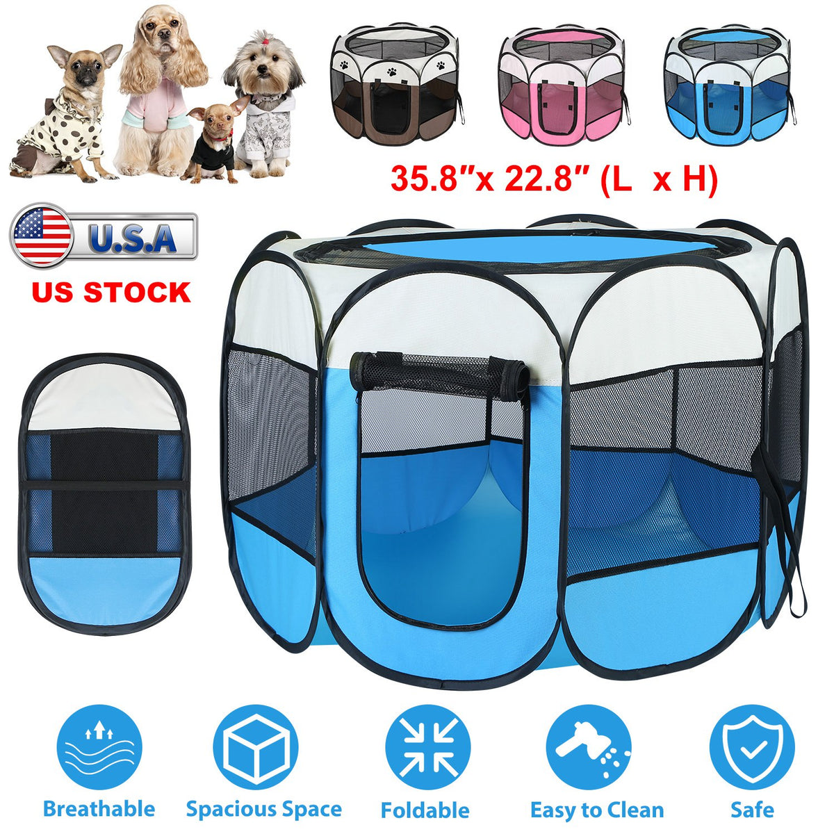 Foldable Pet Playpen with Mesh Panels and Zipper Top