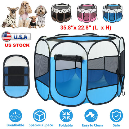 Foldable Pet Playpen with Mesh Panels and Zipper Top
