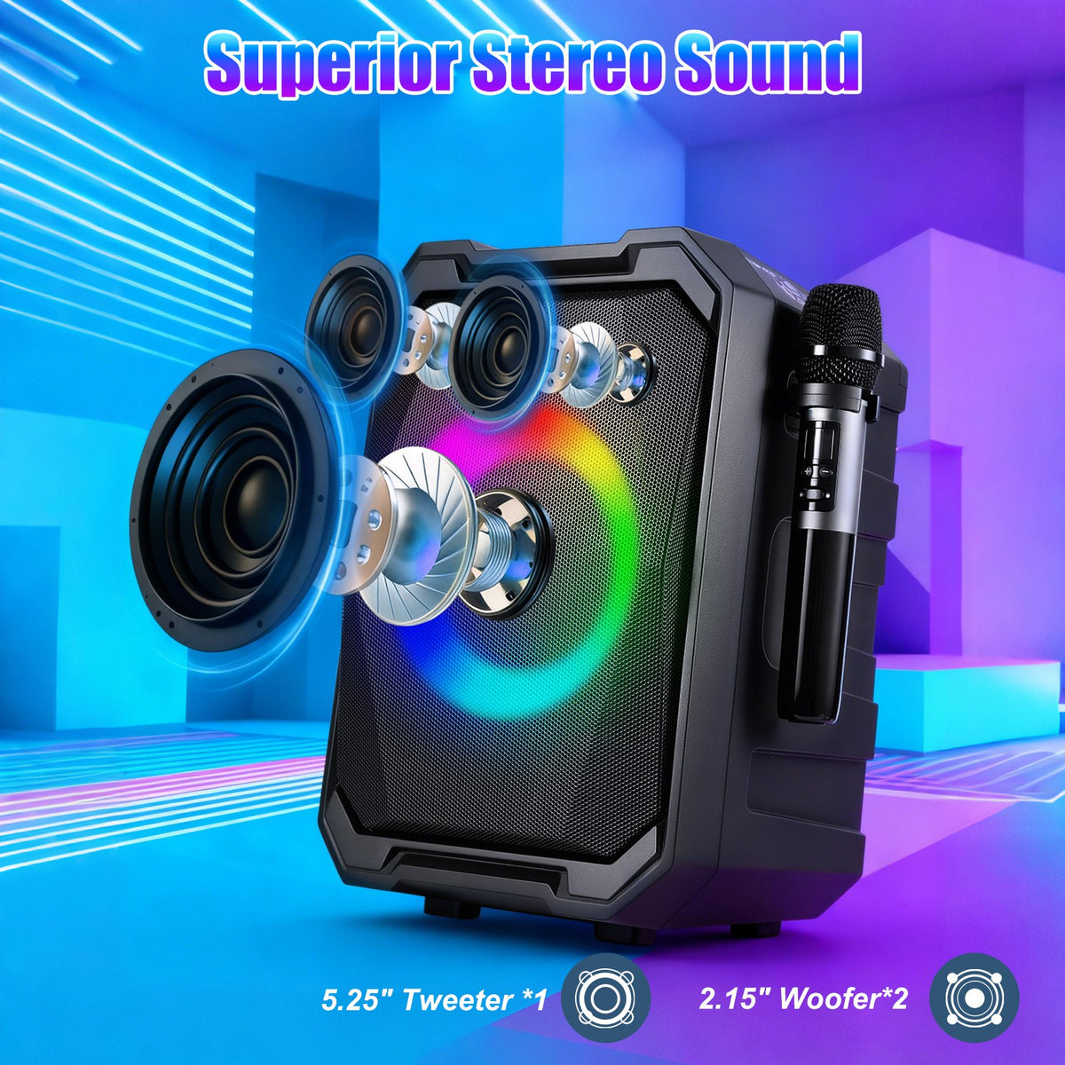 Portable Wireless Party Speaker with LED Lights & 2 Mics