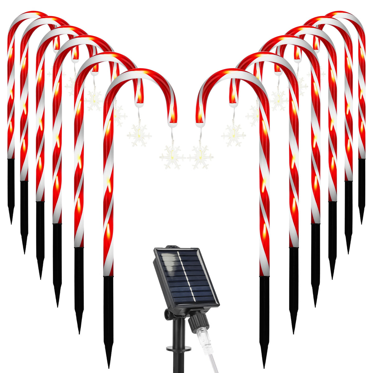 Solar Candy Cane Christmas Lights - 12 Canes, 72 LEDs, 8 Modes