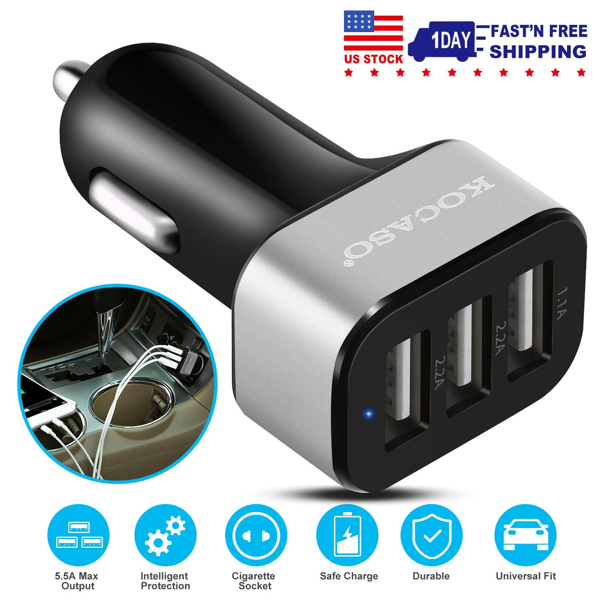 USB Car Charger 30W 5.5A 3 USB Port Cigarette Lighter Charger Adapter For iPhone XS/iPhone XS Max/iPhone 8 Plus/Galaxy S7/Galaxy S6