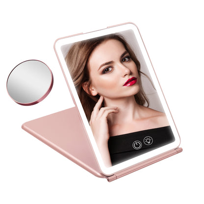 Folding Travel Makeup Mirror With 10X Magnifying Mirror 3 Color LED Lights Dimmable Brightness Rechargeable Battery Tabletop Portable Cosmetic Mirror