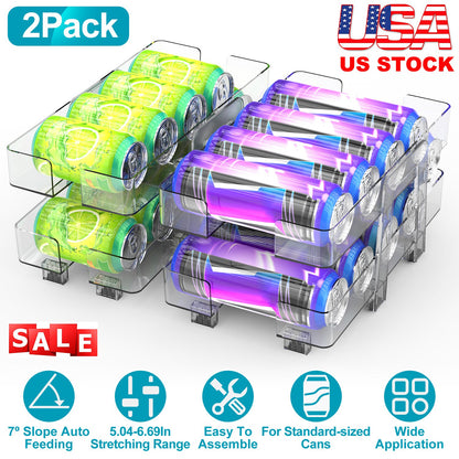 Adjustable Soda Can Organizer 2-Pack with Auto-Rolling Dispenser