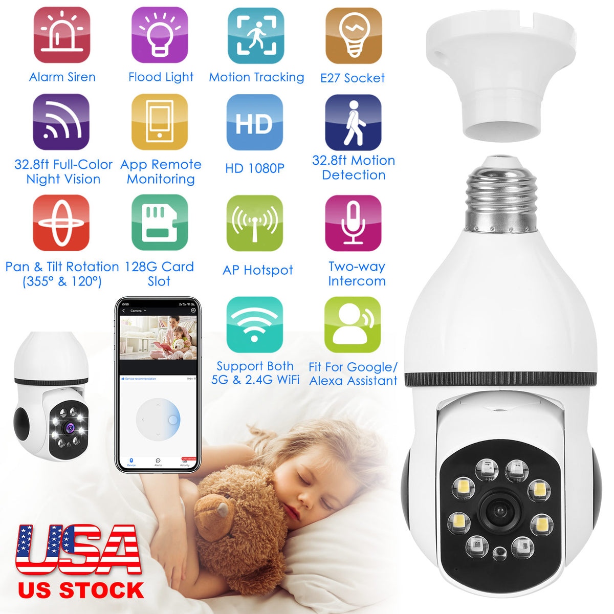 E27 WiFi Bulb Security Camera 1080P with Pan Tilt & Night Vision