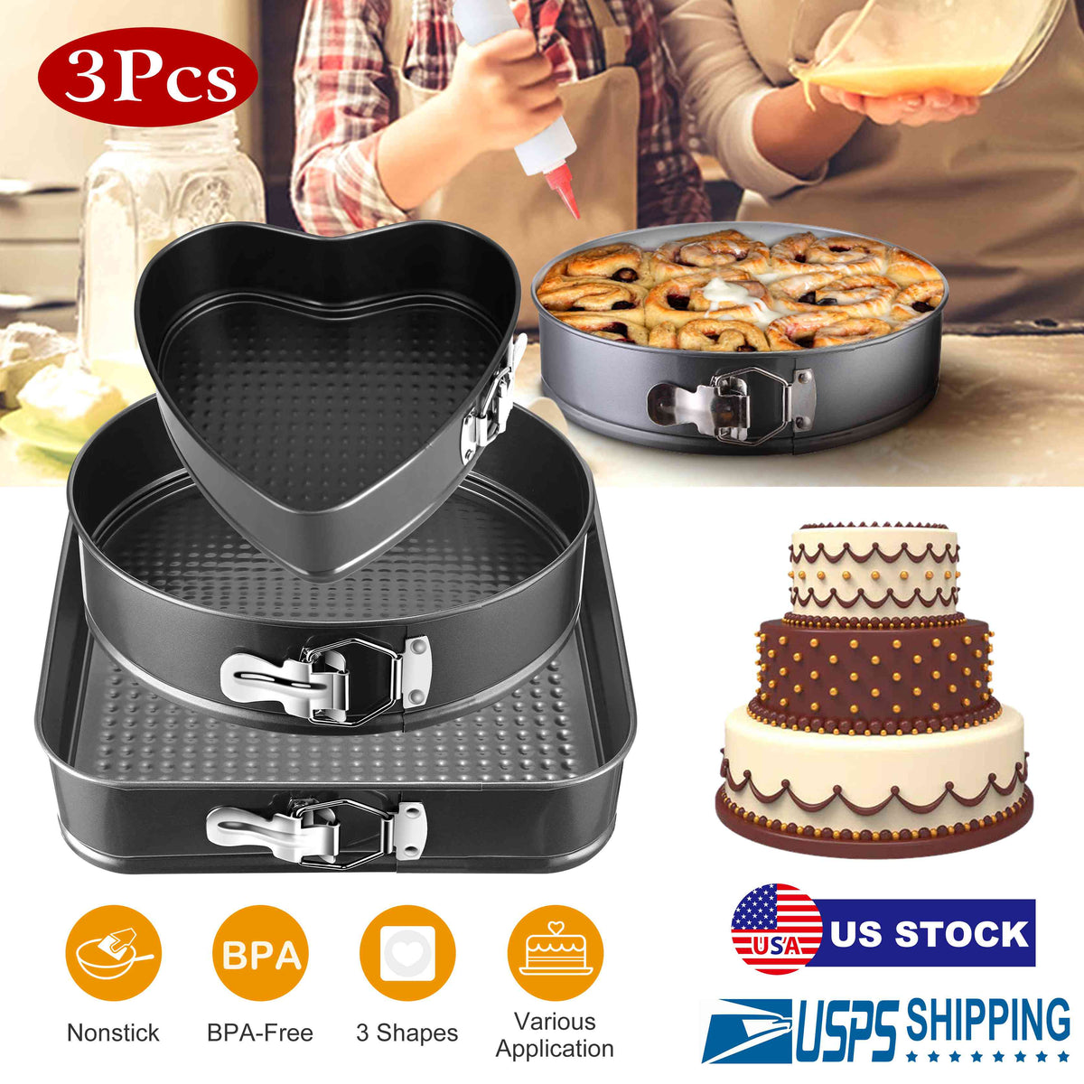 Springform Cake Pan Set 3-Piece Non-Stick with Removable Bottom