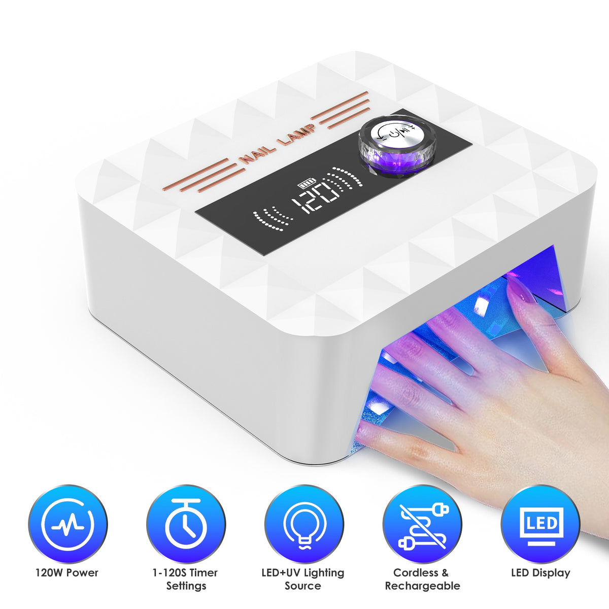 120W Cordless UV Nail Lamp Rechargeable Gel Curing Lamp Gel Polish Light Nail Dryer with LED Display 1-120S Timer Settings 30 LED Beads for Salon and