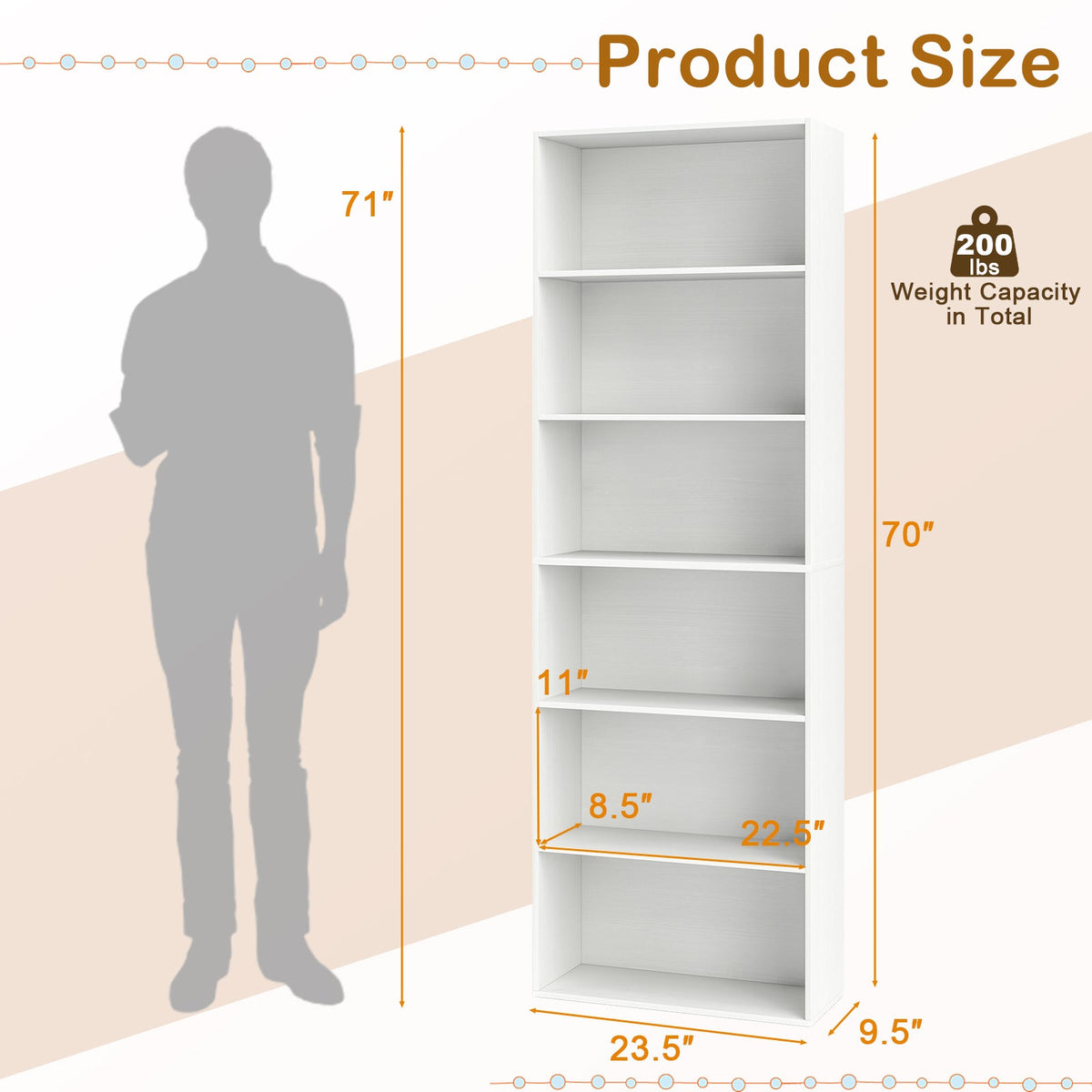 6-Tier Bookcase with 6 Open Shelves and Anti-Toppling Kits