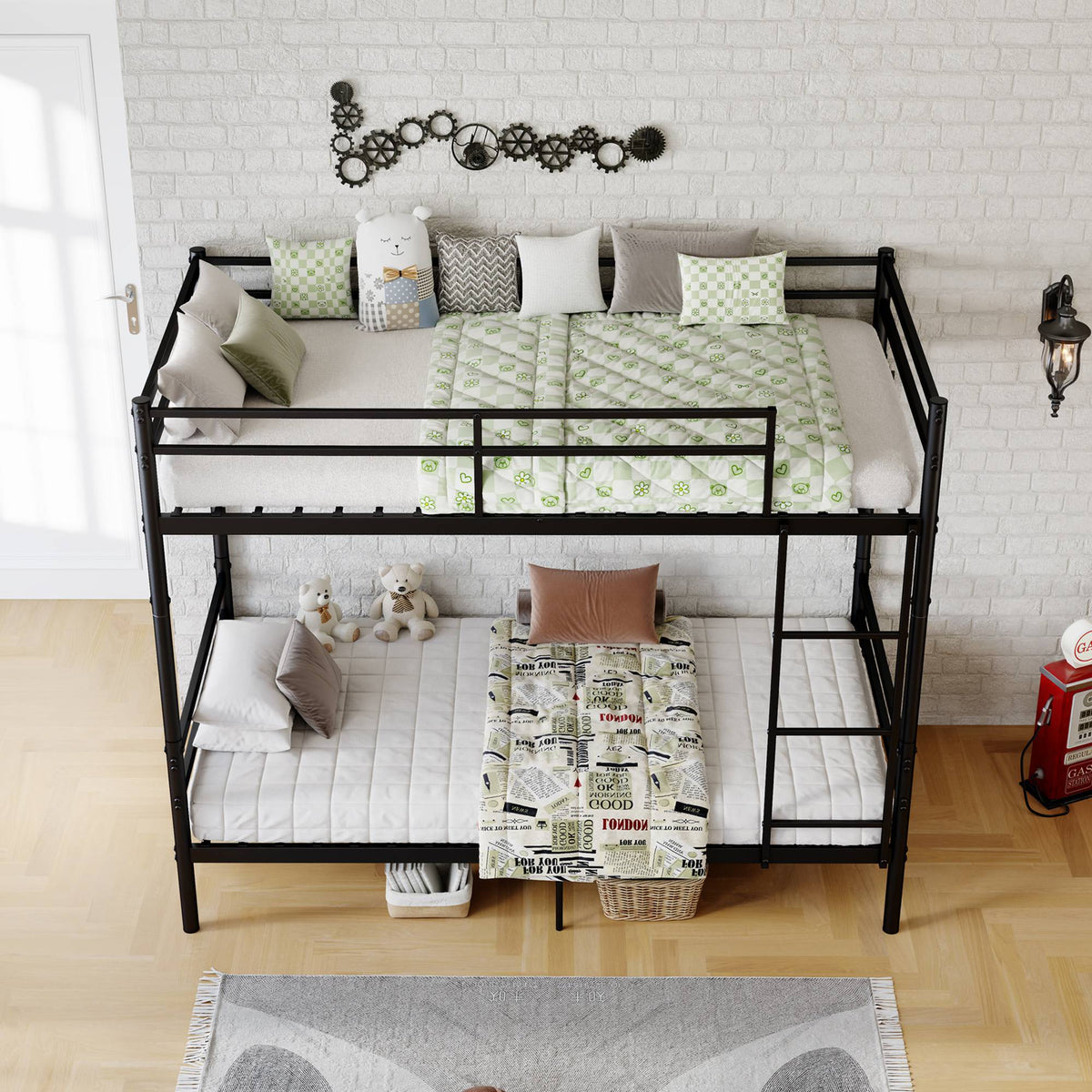 Twin Over Twin Metal Bunk Bed with Ladder and Guardrails