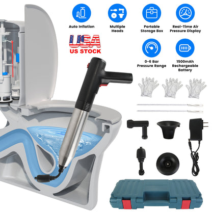 Electric Toilet Plunger with Pressure Display & Multiple Heads