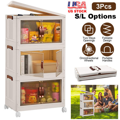 Foldable Storage Bins with Lids & Wheels - 3 Pack Stackable