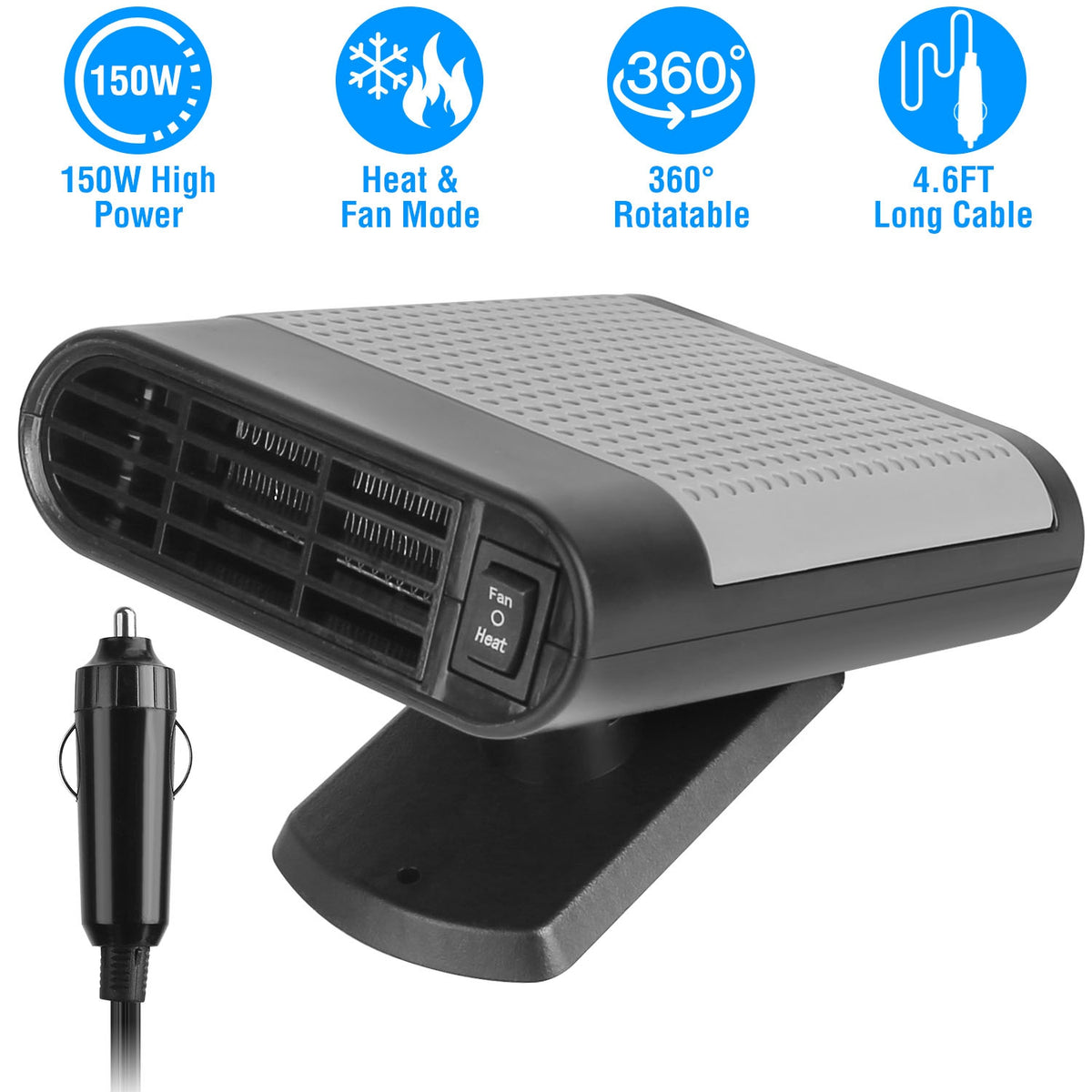Portable Car Heater 150W 2-in-1 Defroster Fan with 360° Base