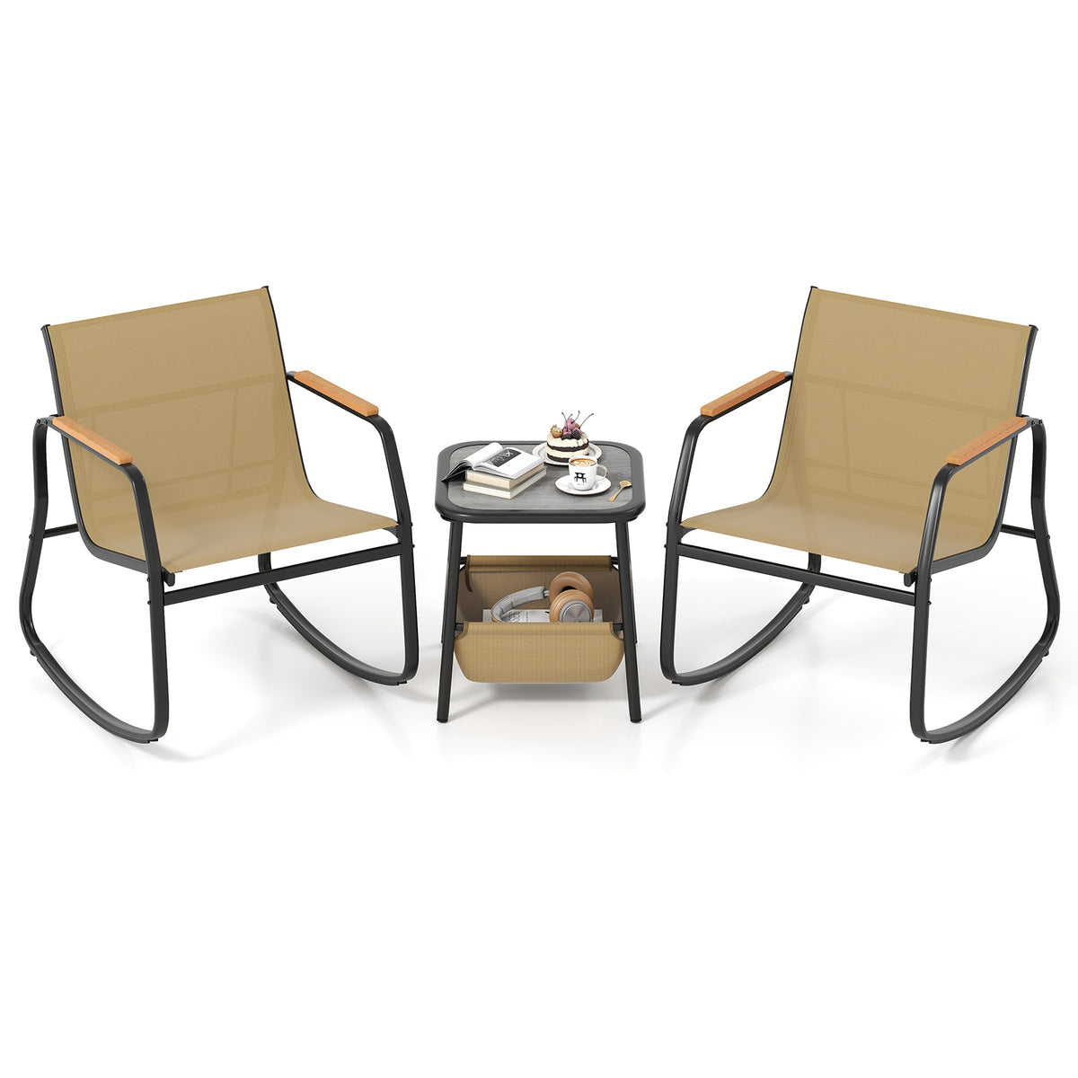 3-Piece Rocking Bistro Set with Side Table and Storage