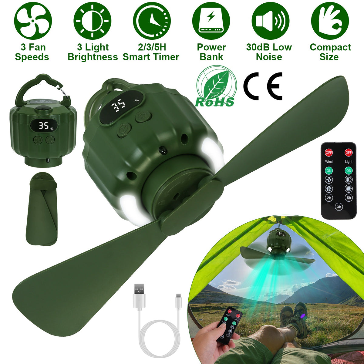 Portable Camping Ceiling Fan with LED Light & Power Bank