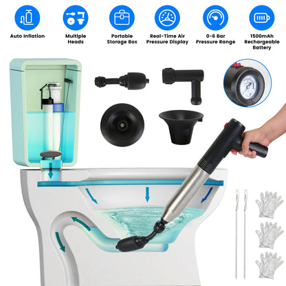 Electric Toilet Plunger with Pressure Display & Multiple Heads