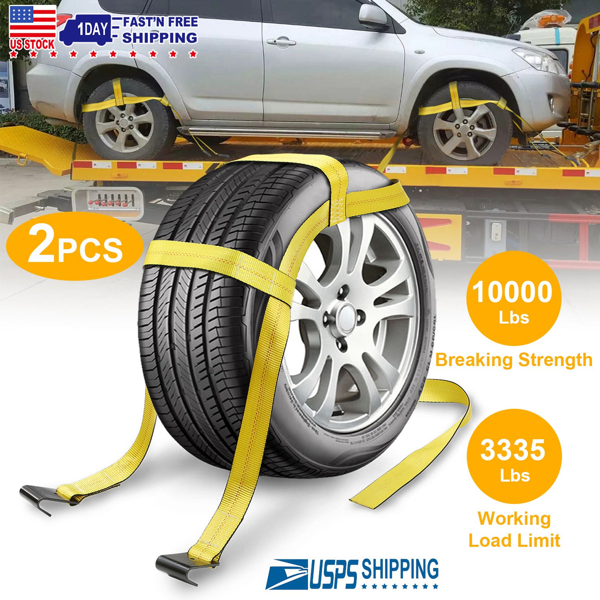 Adjustable Tow Dolly Tire Basket Straps with Flat Hooks (2-Pack)