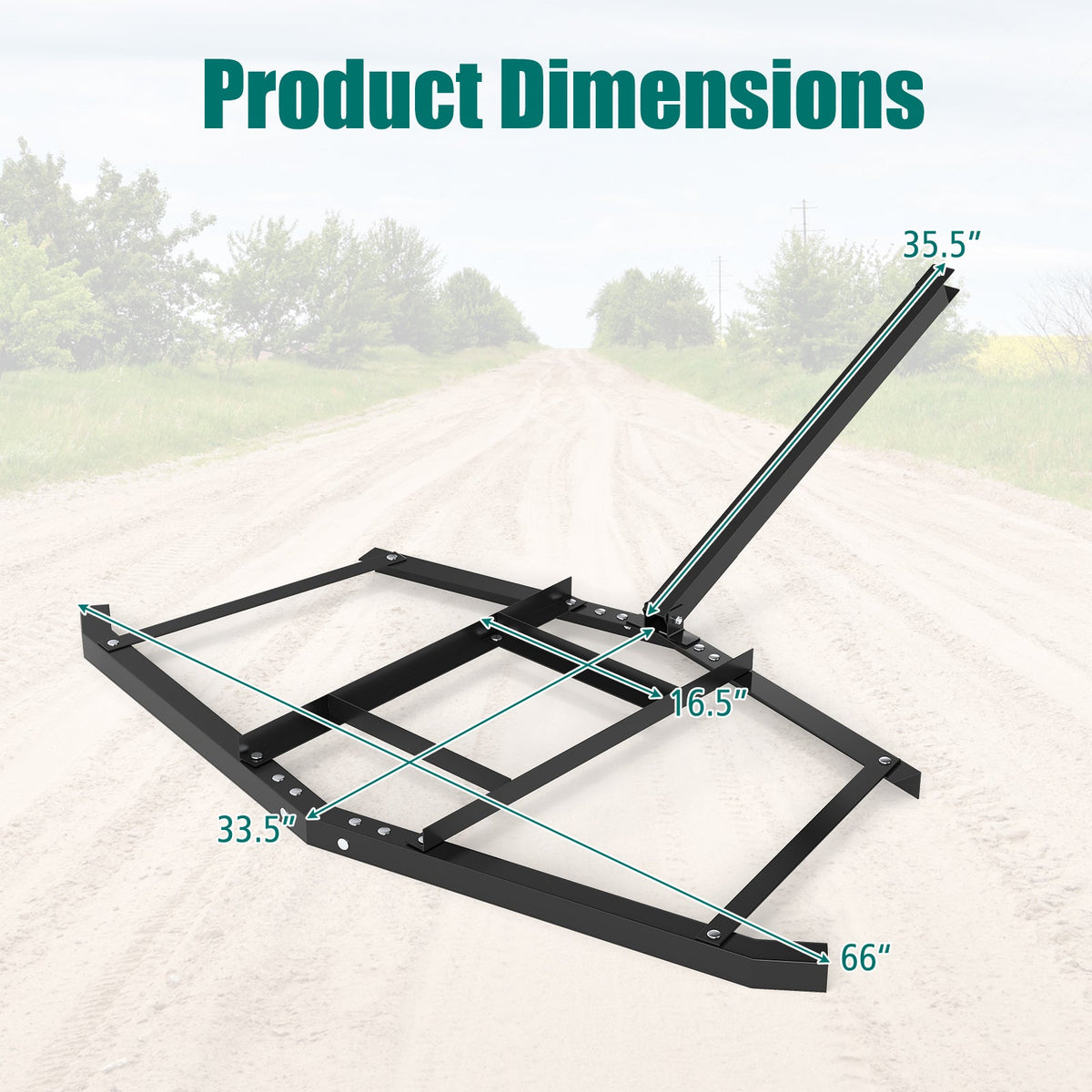 66" Wide Driveway Drag Tow Behind Landscape Leveling Rake with Reinforced Bars-Black