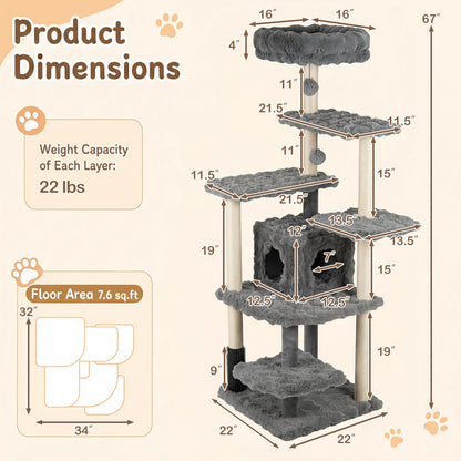 Multi-Level Cat Tree 67 Inch with Condo and Perch